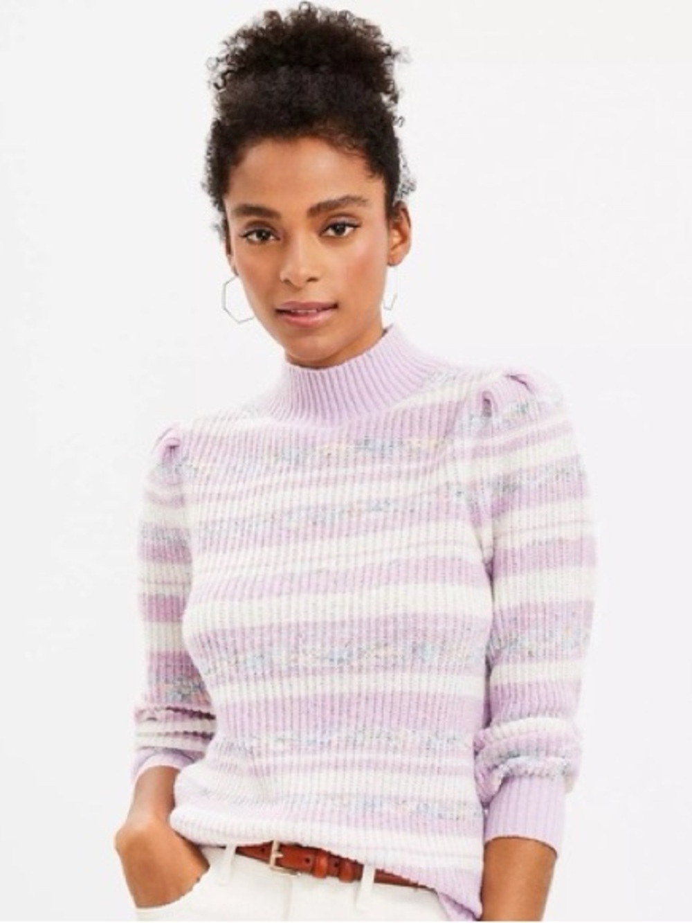 LOFT Purple Striped Knit Mock Neck Sweater Size M NWT